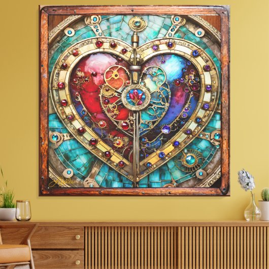 Red & Blue Stained Glass Heart Steampunk Series Canvas Afdruk (Insitu (Woonkamer))