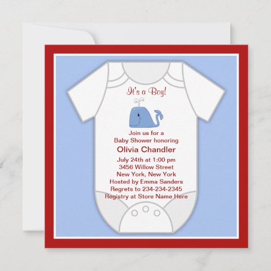 Red Blue Whale Baby Boy Shower Kaart (Voorkant)