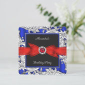 Red Blue White Floral Birthday Party Kaart (Staand voorkant)