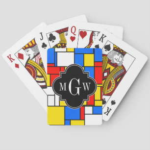 Red Blue Yellow Mondrian Blk Quatrefoil 3 Monogram Pokerkaarten
