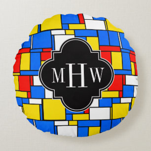 Red Blue Yellow Mondrian Blk Quatrefoil 3 Monogram Rond Kussen