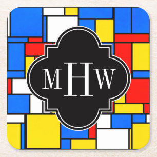 Red Blue Yellow Mondrian Blk Quatrefoil 3 Monogram Vierkante Kartonnen Onderzetter