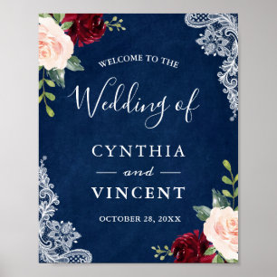 Red Blush Floral Navy Blue Mariage Affiche de bien