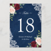 Red Blush Floral Navy Blue Wedding Table Number (Achterkant)