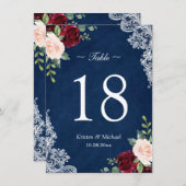 Red Blush Floral Navy Blue Wedding Table Number (Voorkant / Achterkant)