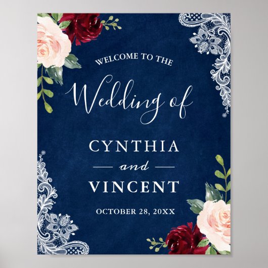 Red Blush Floral Navy Blue Wedding Welcome Sign Poster (Voorkant)
