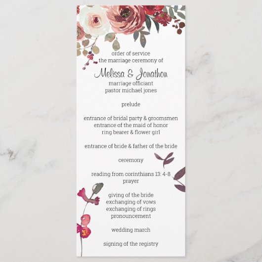 Red Blush Floral Rozen Wedding Programme Programma (Voorkant)