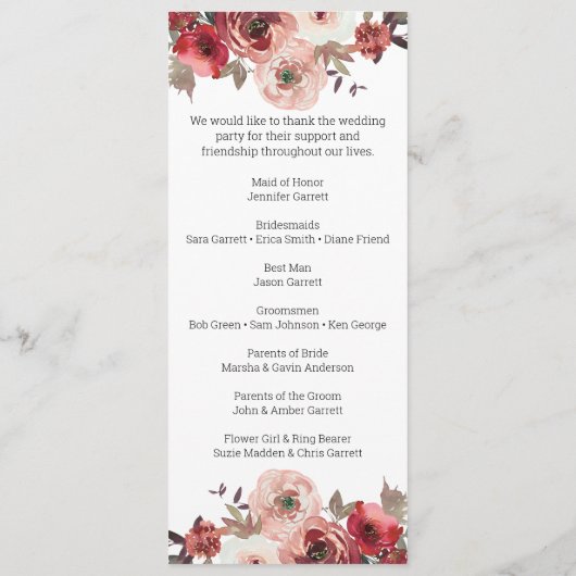 Red Blush Floral Rozen Wedding Programme Programma (Achterkant)
