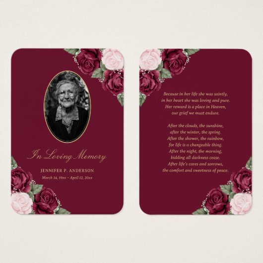 Red Blush Pink Floral Funeral Prayer Kaart (Voorkant /achterkant)