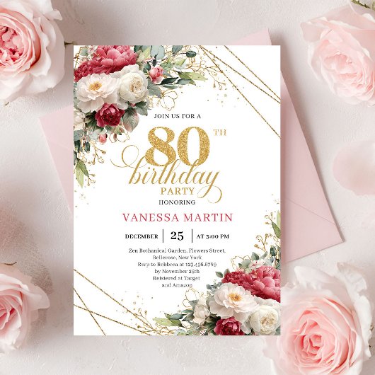 Red blush roses 80th birthday invitation with gold