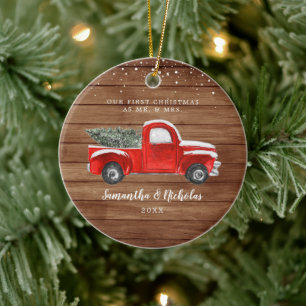  Red Boerderij Truck   Eerste Kerstmis, de heer &  Keramisch Ornament