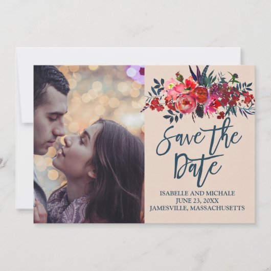 Red Boho Floral Foto Save the Date Kaart (Voorkant)