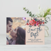 Red Boho Floral Foto Save the Date Kaart (Staand voorkant)