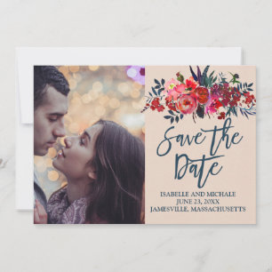 Red Boho Floral Photo Enregistrer la carte Date