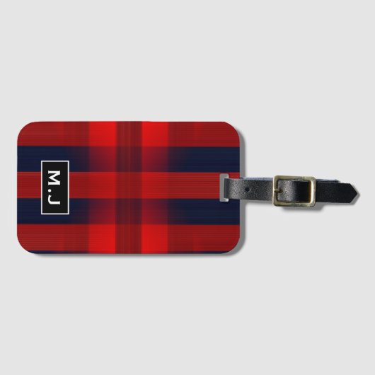 Red Bokeh Buffalo Plaid Monogram Bagagelabel (Voorkant (horizontaal))