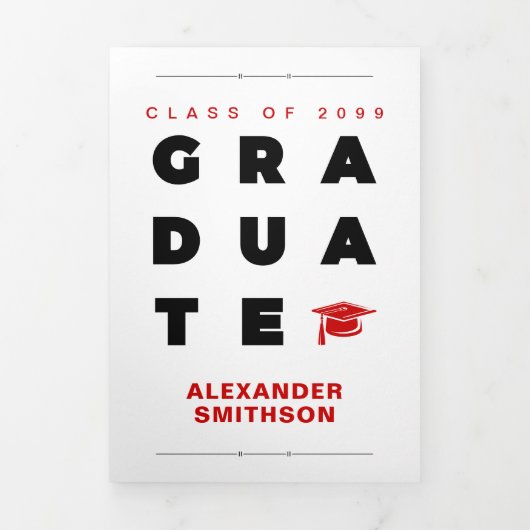 Red Bold AFSTUDEREN Letters en Pet Afstuderen Drieluik Aankondiging (Cover)