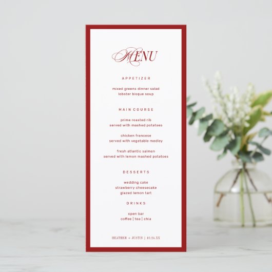 Red Bon Appetit Classic Elegante Fancy bruiloft Menu (Staand voorkant)