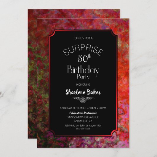 Red Border Black Surprise 50th Birthday Party Kaart (Voorkant / Achterkant)
