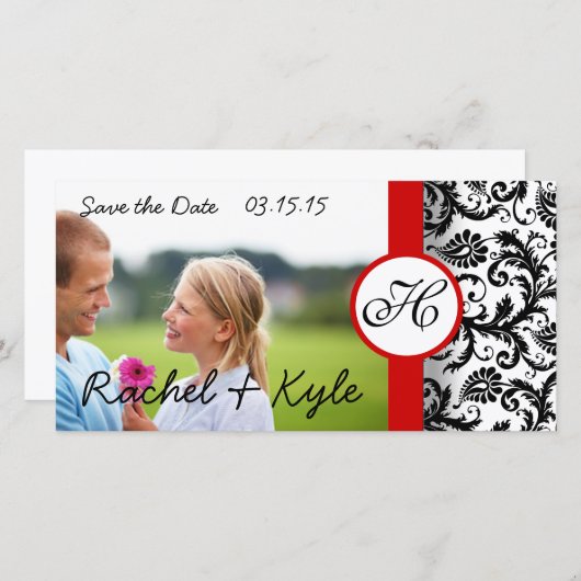 Red Borders Black en White Damask Save The Date (Voorkant / Achterkant)
