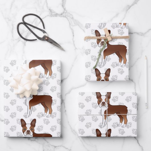 Red Boston Terrier Cartoon Dog Pattern & Gray Paws Inpakpapier Vel (Voorkant)