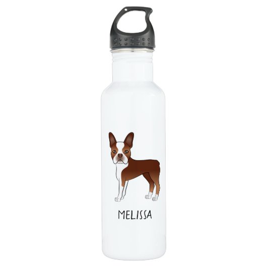 Red Boston Terrier Cartoon Dog & Your Custom Name Waterfles (Voorkant)