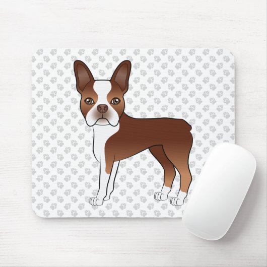 Red Boston Terrier Cute Cartoon Dog Drawing & Paws Muismat (Met muis)