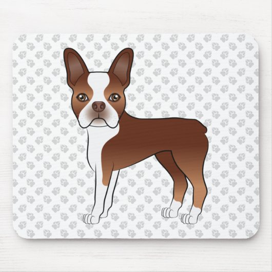Red Boston Terrier Cute Cartoon Dog Drawing & Paws Muismat (Voorkant)