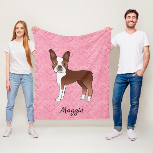 Red Boston Terrier Dog op roze harten en naam Fleece Deken (In situ)