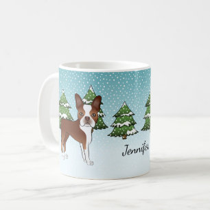 Red Boston Terrier in a Winter Forest & Name Koffiemok