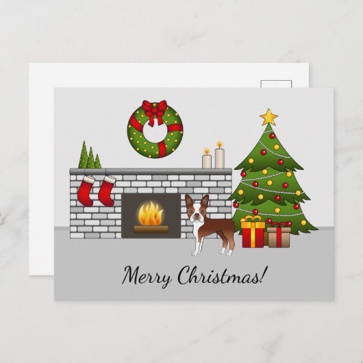 Red Boston Terrier in een feestelijke kerstzaal Briefkaart (Voorkant / Achterkant)