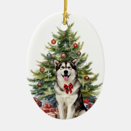 Red Bow Alaskan Malamute Hondenkerst Keramisch Ornament (Voorkant)