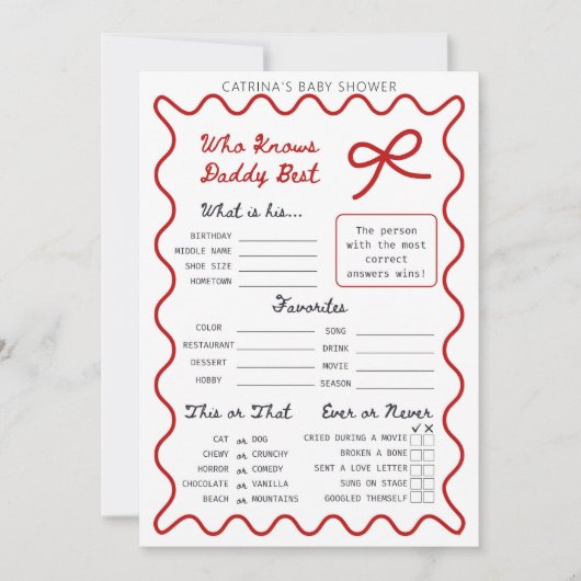 Red Bow Baby shower - Bewerkbare naam, 5x7 Invitat Kaart (Voorkant)