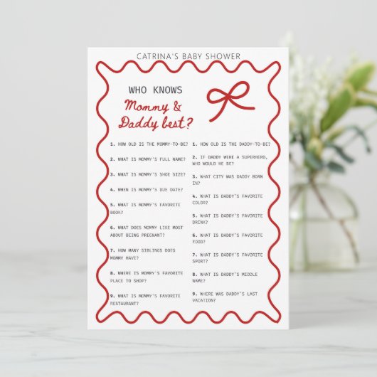 Red Bow Baby Shower - Editable Name, 5x7 Invitatio Kaart (Staand voorkant)
