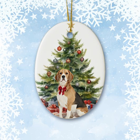Red Bow Beagle Hound Dog Christmas Keramisch Ornament
