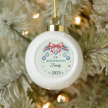 Red Bow Blue Ornaments Family Name 2025 Christmas