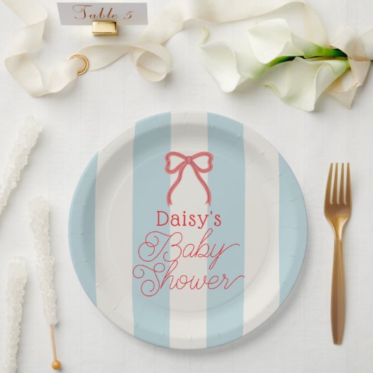 Red Bow & Blue Stripes Baby Shower Papieren Bordje (Huwelijk)