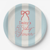 Red Bow & Blue Stripes Baby Shower Papieren Bordje (Voorkant)
