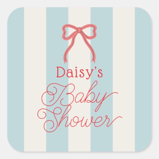 Red Bow & Blue Stripes Baby Shower Vierkante Sticker (Voorkant)
