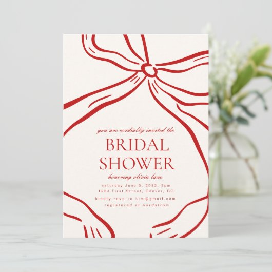Red Bow Bruids Douche Uitnodiging (Staand voorkant)