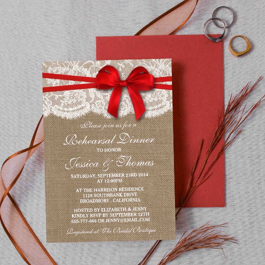 Red Bow Burlap & Lace Wedding Rehearsal Dinner Kaart