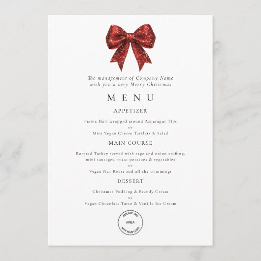 Red Bow Business Logo Christmas Party Menu Card Kaart (Voorkant)
