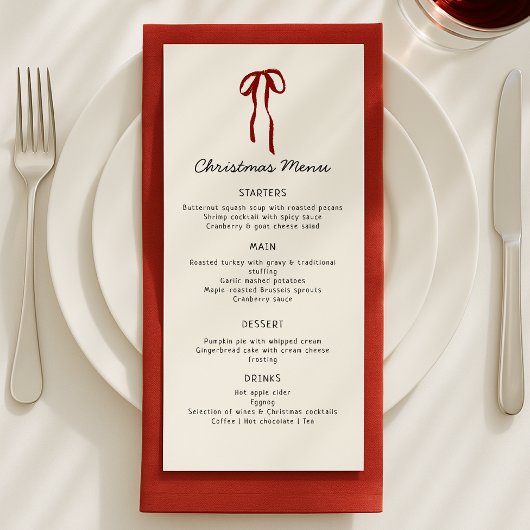 Red Bow, carte de menu Festive de Noël
