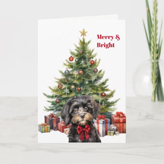 Red Bow Cavapoo Dog Christmas Tree Card Feestdagen Kaart (Voorkant)