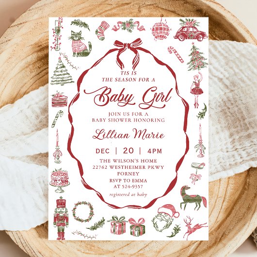 Red Bow Christmas Baby Shower Invitation