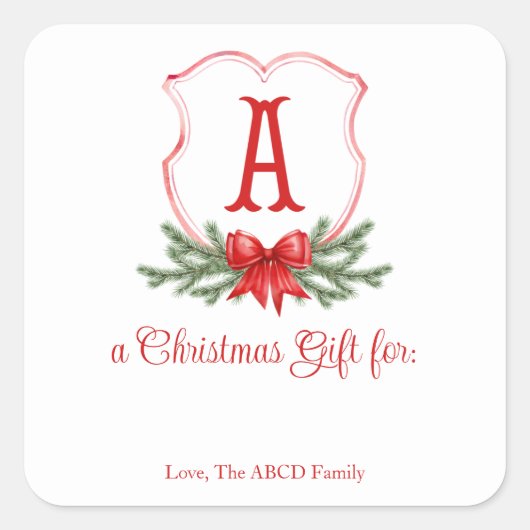 Red Bow Christmas Crest Sticker Gift Label - A (Voorkant)