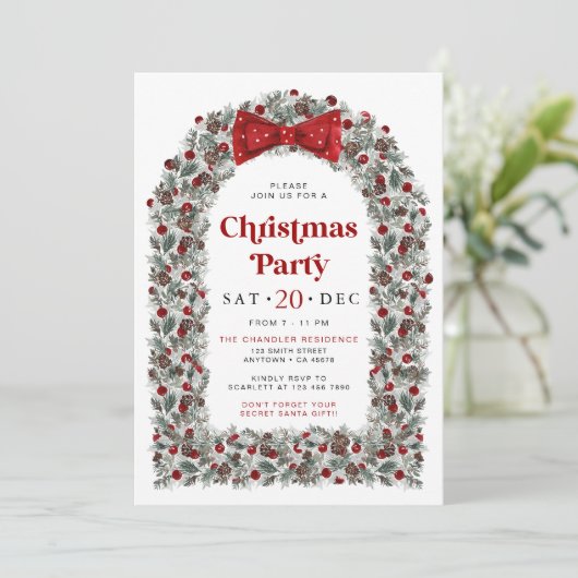 Red Bow Christmas Party Invitation Holiday Dinner  (Debout devant)