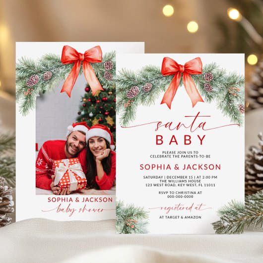 Red Bow Christmas Santa Baby shower Invitation Kaart