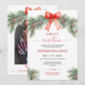 Red Bow Christmas Sweet 16 Birthday Invitation (Devant / Derrière)