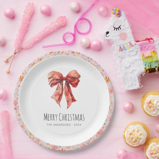 Red Bow Coquette Elegant Bloemen Kerstmis Papieren Bordje (Feest)