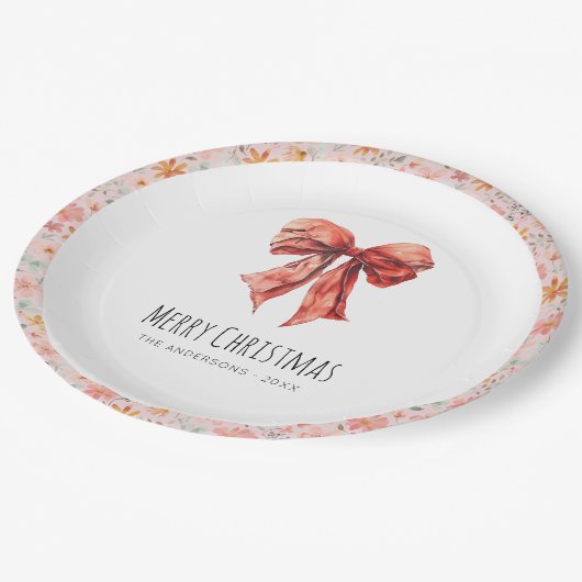 Red Bow Coquette Elegant Bloemen Kerstmis Papieren Bordje (Gekanteld)